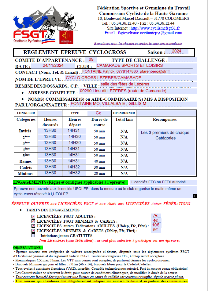 règlement FSGT du cyclo-cross de Lézères 2024